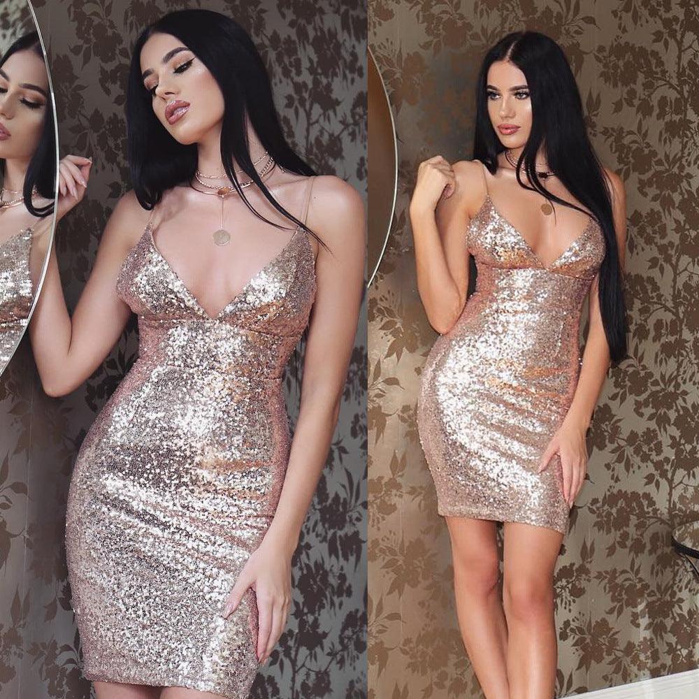 Rose gold sequin mini dress with thin straps and plunging V-neckline