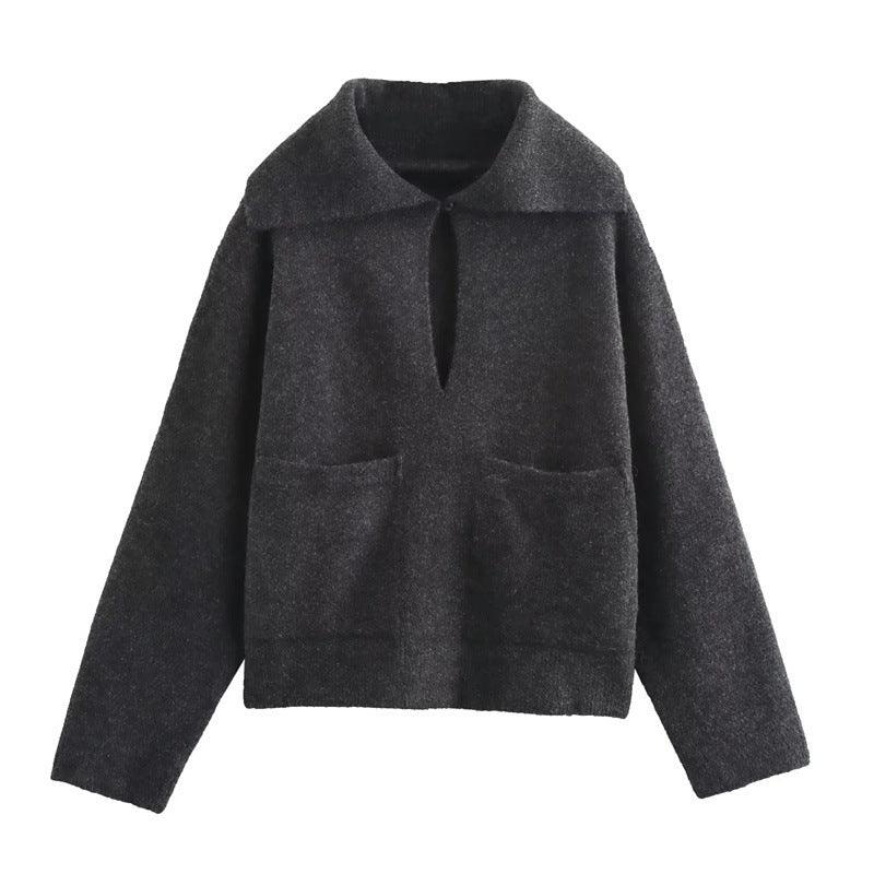 Dark gray long-sleeve pullover sweater with big lapels and center neck placket