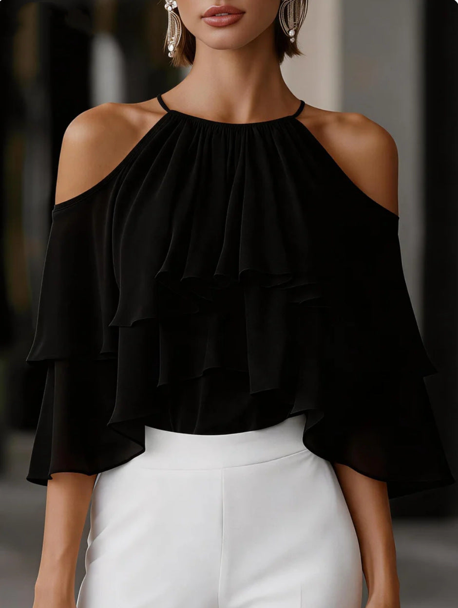 Black off-shoulder ruffled chiffon blouse with pleated neck and flowing ruffle layers