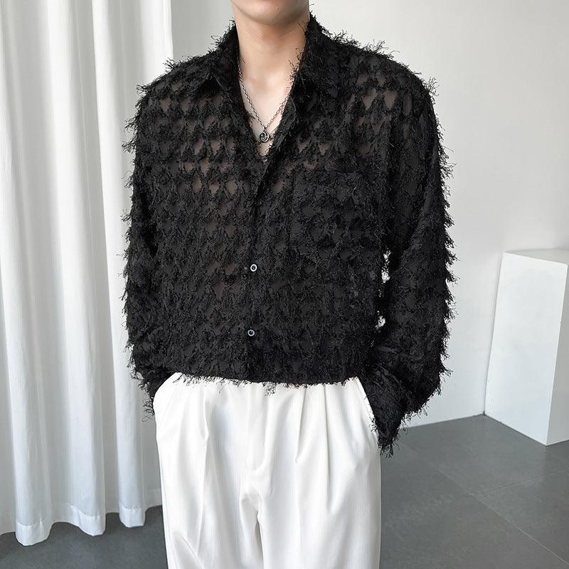 Men's long sleeve shirt coat in black, button front, point collar, long sleeves, fuzzy finish