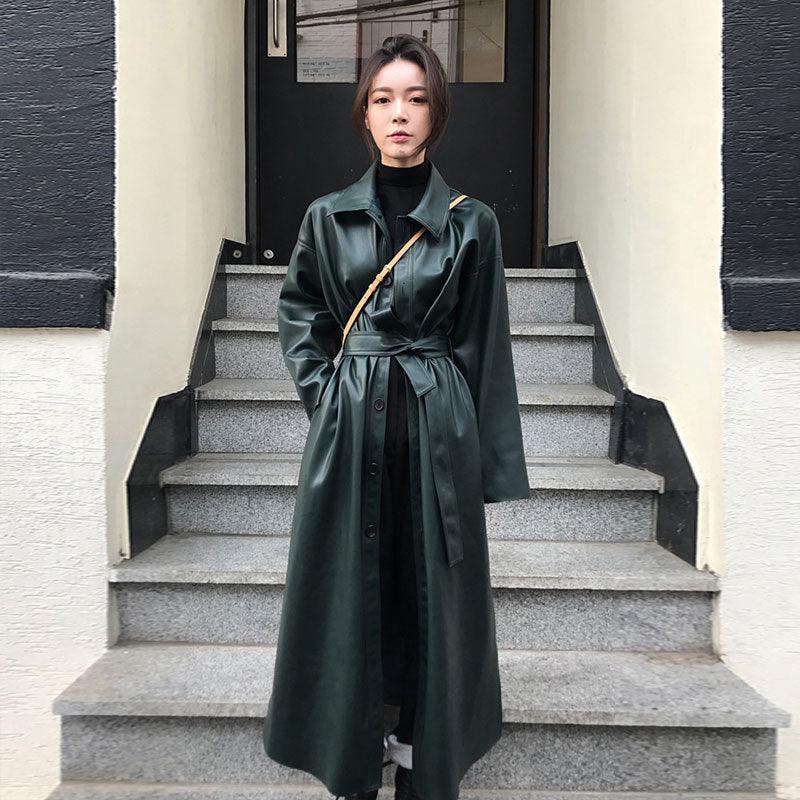 Dark green PU leather windbreaker coat with waist belt and button front