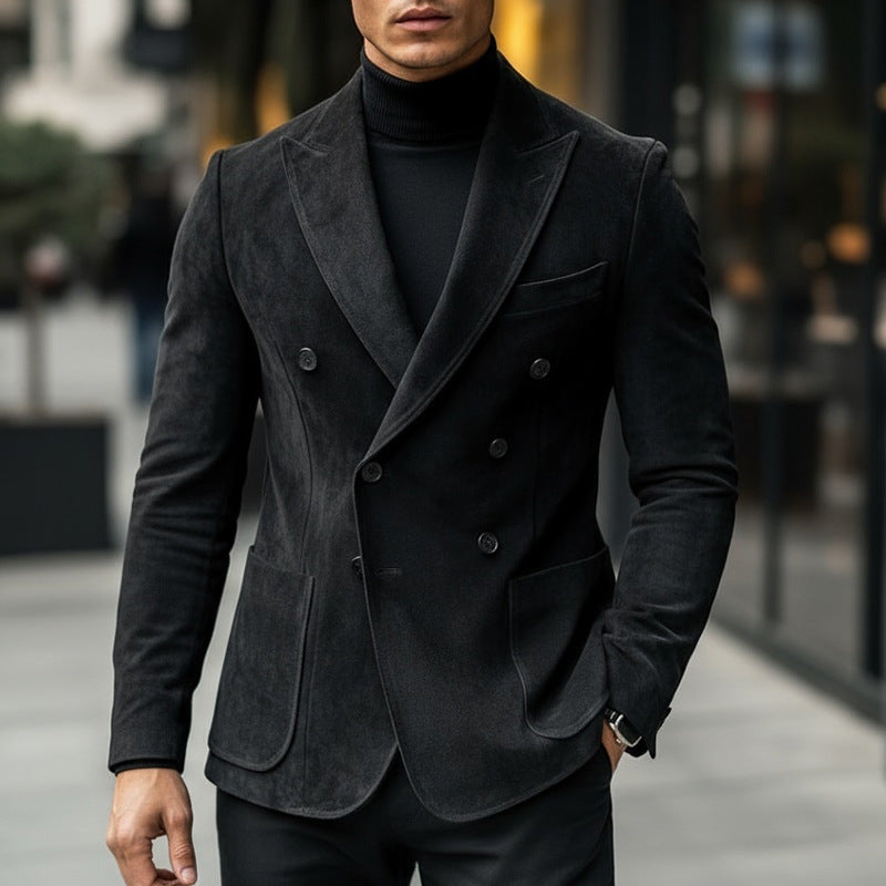 Black suede double-breasted mens blazer jacket with flap pockets and buttoned cuffs