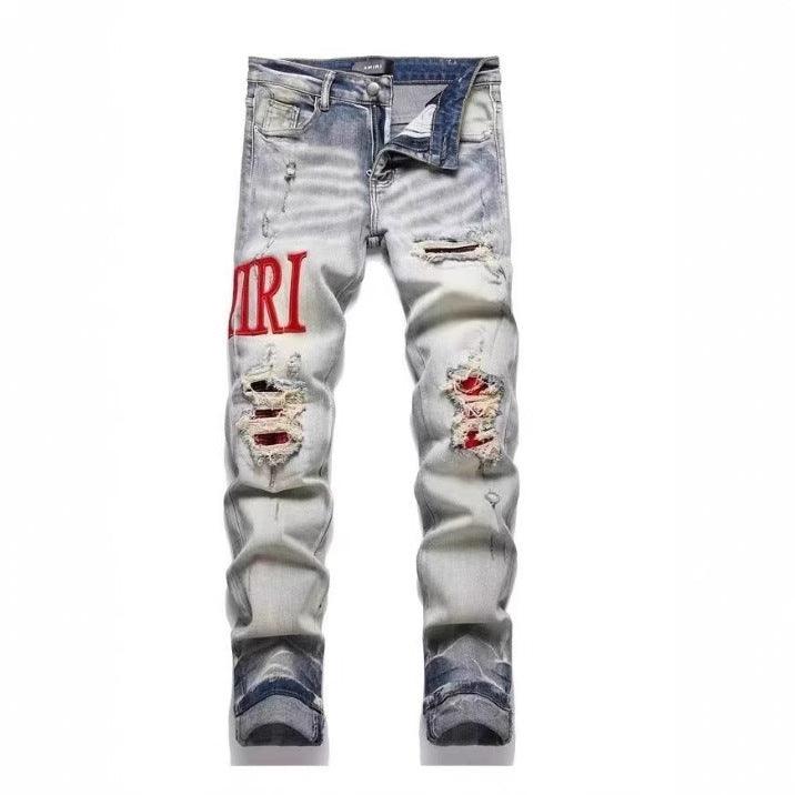 Punk Retro Blue Ripped Slim Elastic Printing Printing And Dyeing Feet Men's Jeans