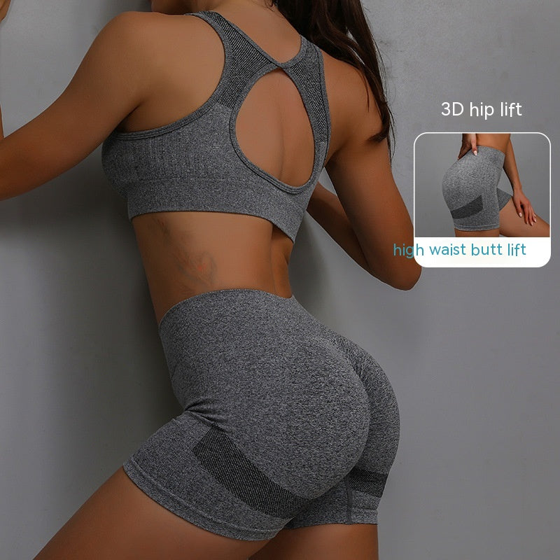 Grey sports bra and high-waist shorts set, racerback, seamless textured fabric