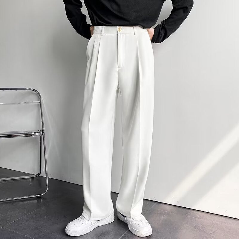 Men's white straight-leg suit trousers with pleated front and belt loops