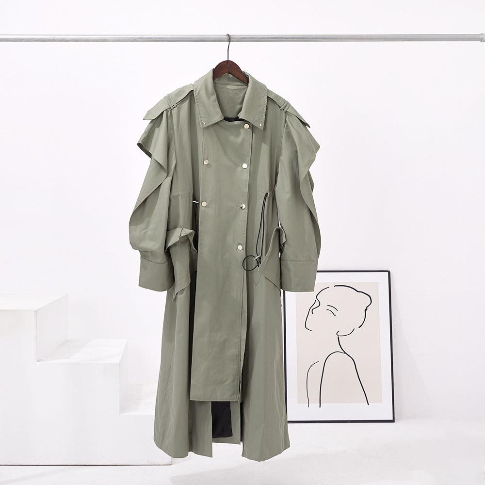Women's elastic-waist trench coat on hanger, long length, ruffled shoulder detail