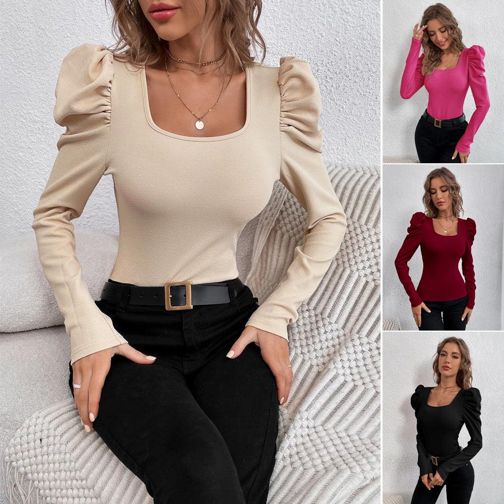 Women's Fashion Square Collar Slim-fit Knitted Long-sleeved T-shirt - WOMONA.COM