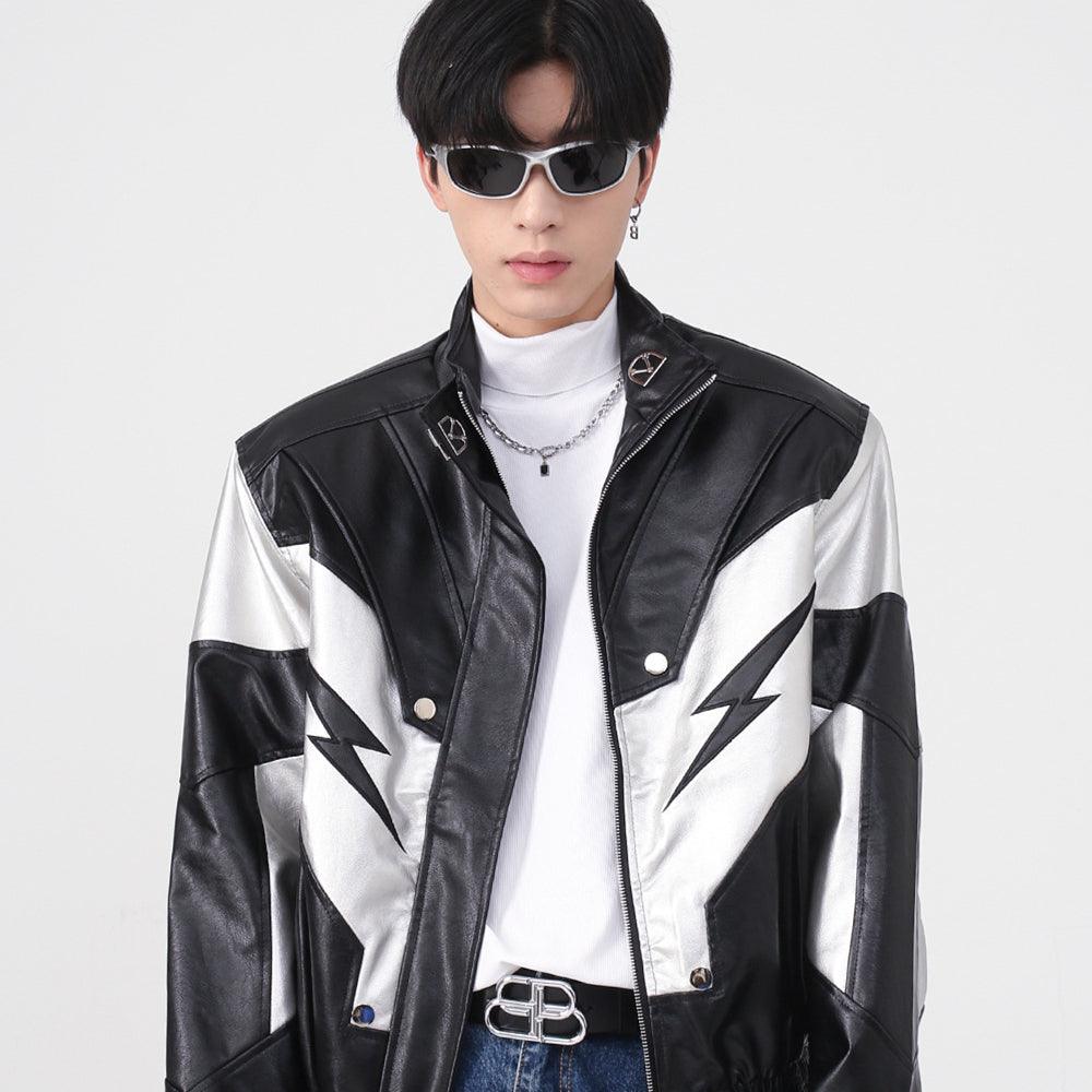 Men's Stand Collar Shoulder Pad Leather Coat - WOMONA.COM