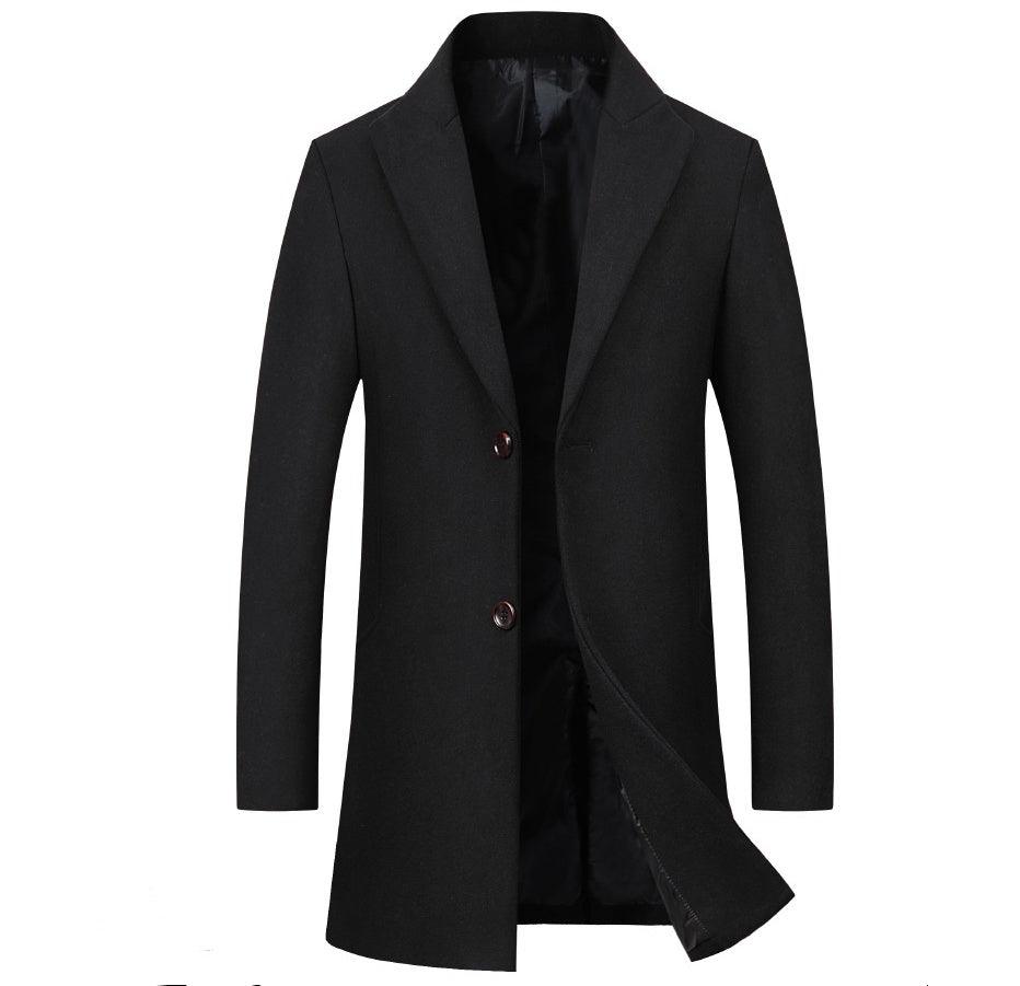 Men's black wool overcoat with notched lapels and two-button front