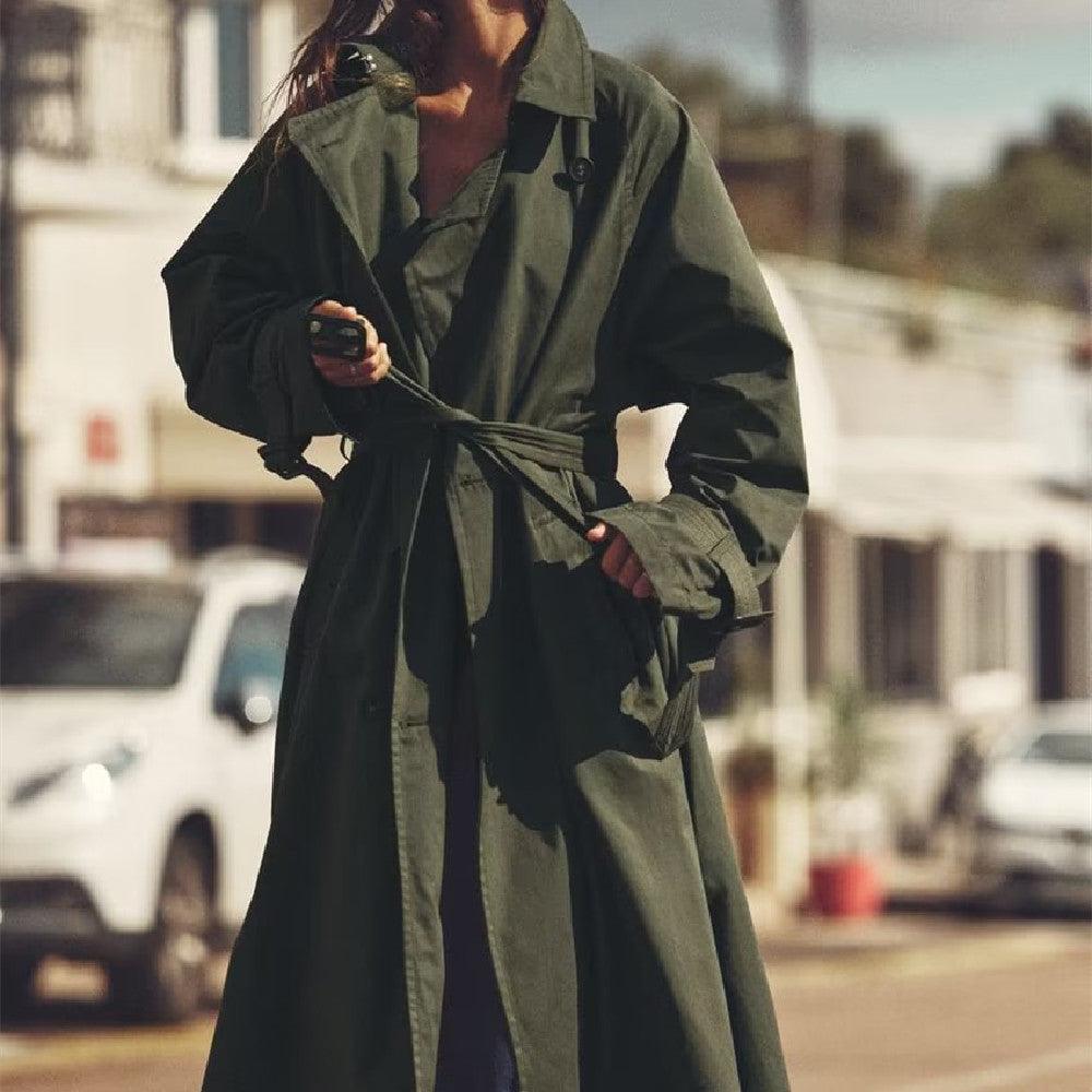 Dark army green long trench coat with lapels and tied waist strap