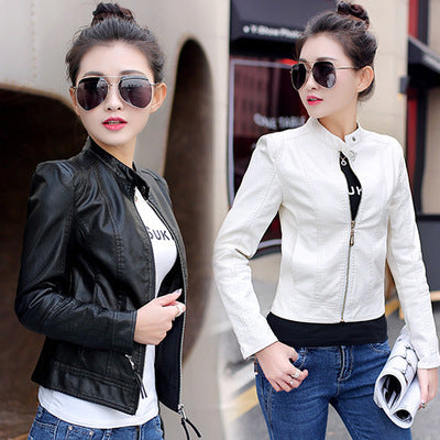 Korean women's skinny motorcycle leather jacket - WOMONA.COM