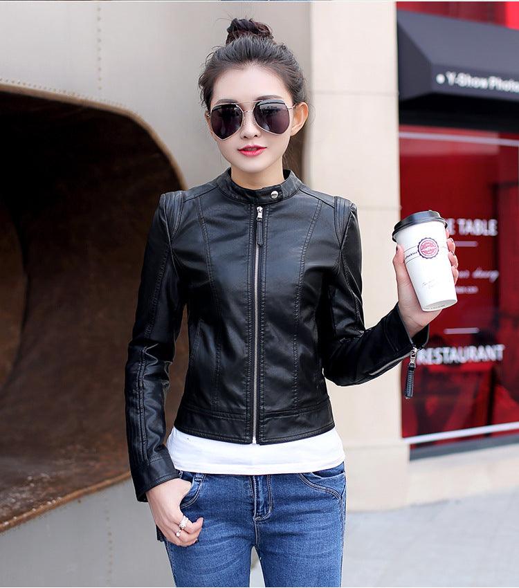 Korean women's skinny motorcycle leather jacket - WOMONA.COM