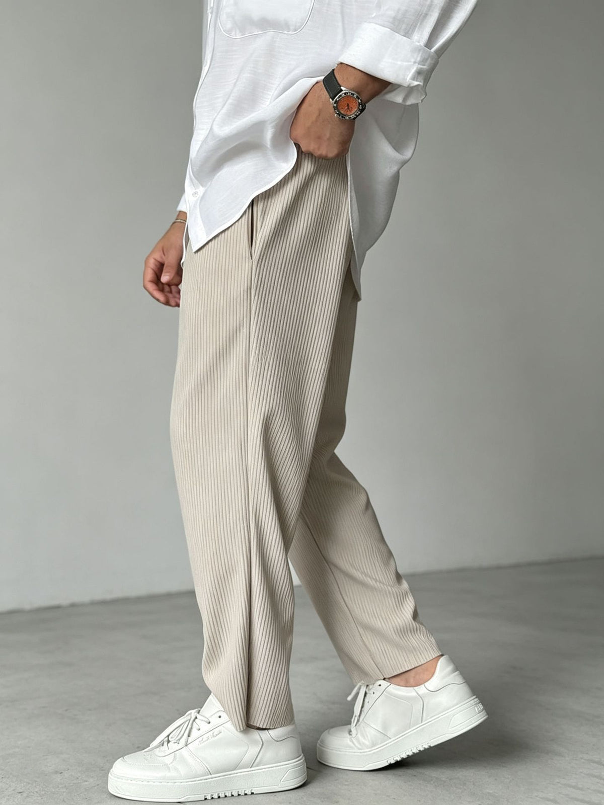 Light beige pinstripe relaxed straight-leg casual pants, loose fit with ankle hem