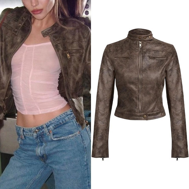 Maillard Motorcycle Hot Girl Vintage Distressed Leather Coat - WOMONA.COM