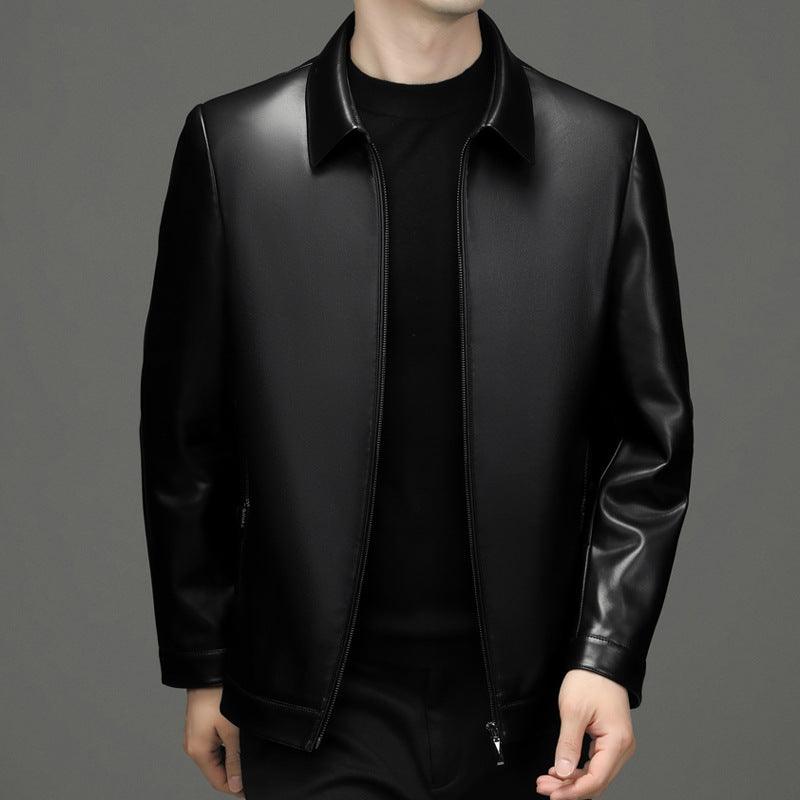 Black PU leather zip-up jacket with stand collar and metal zipper pull