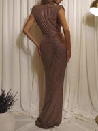 Deep V Pleated Sleeveless Maxi Dress - WOMONA.COM