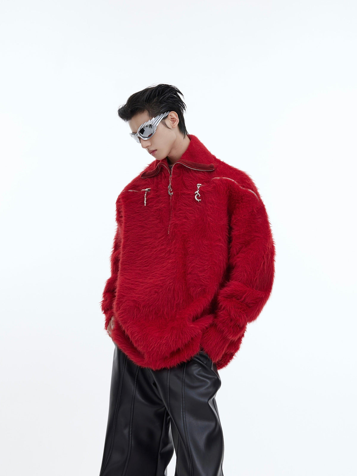 Red plush zip-up jacket with stand collar and flap chest pockets