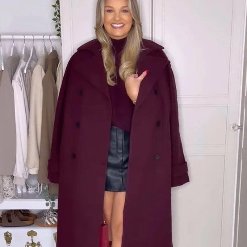 Wine red long lapel overcoat with single button front and long sleeves