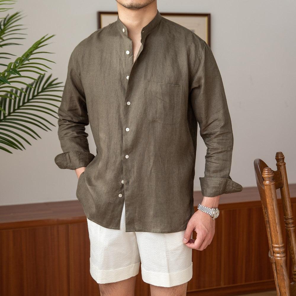 Men's dark linen button-up shirt with chest pocket and long sleeves