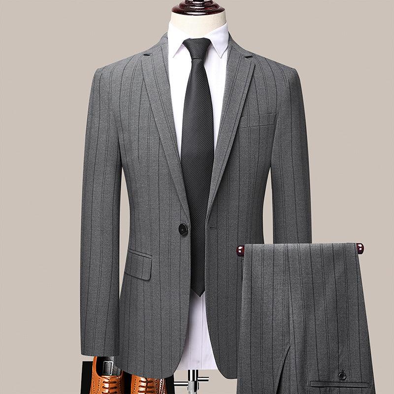 Men's gray pinstripe suit set with jacket and matching trousers, black tie