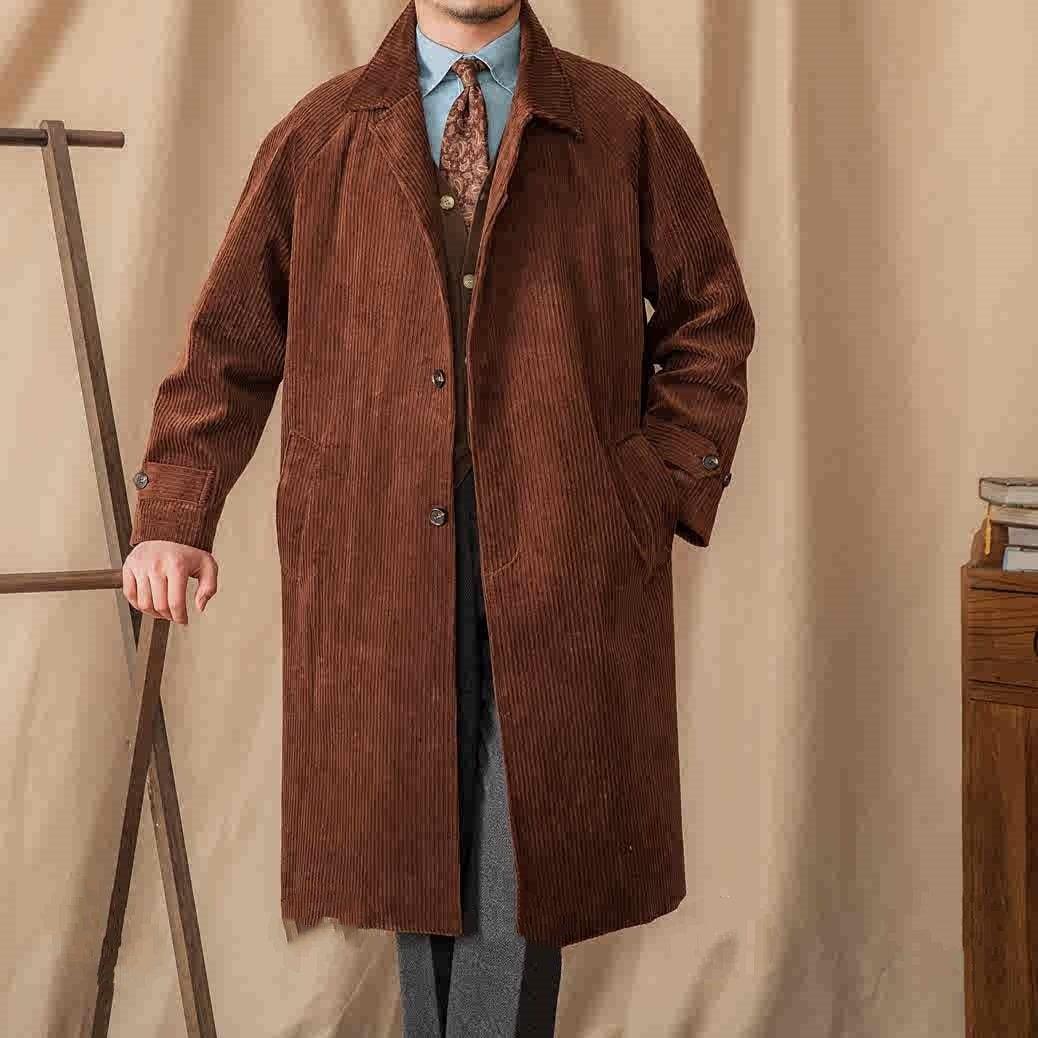 Coffee brown corduroy long coat with button front and side slit pockets