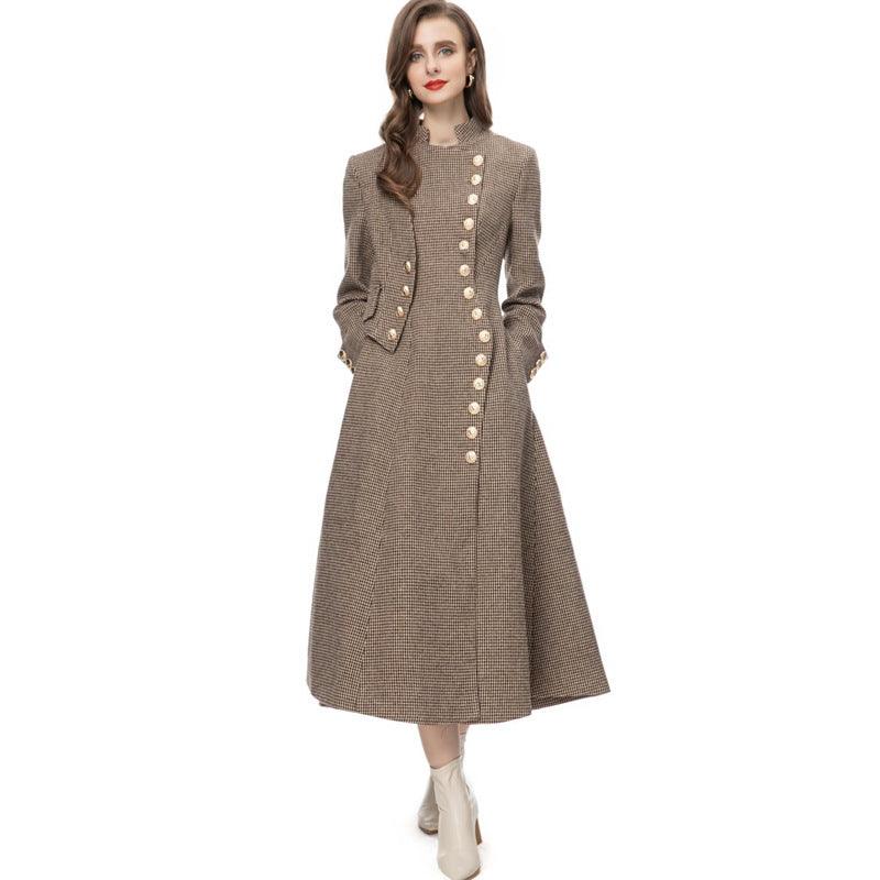 Women's single-breasted blazer dress with long sleeves, button front, and midi length