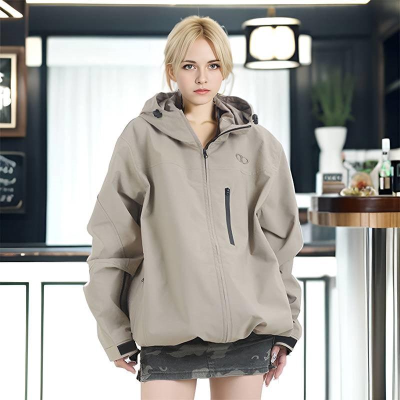 Khaki women's hooded coat with front zipper and drawstring hem