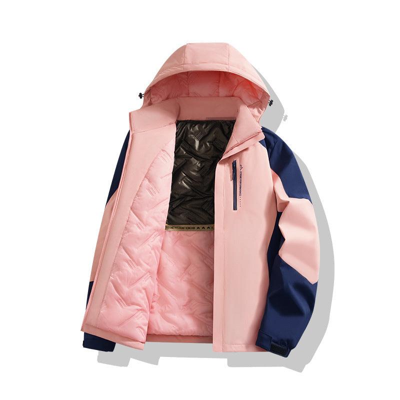 Coral pink padded coat with hood, zip front, insulated lining, and adjustable cuffs