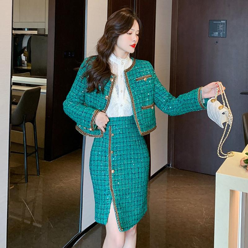 Elegant Green Tweed Coat Irregular Sheath Skirt Suit - WOMONA.COM