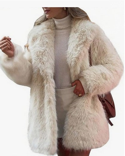 Beige faux fur coat with large lapels and button front, textured fuzzy finish