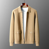 Men's Polo Collar Solid Color Wool Cardigan - WOMONA.COM