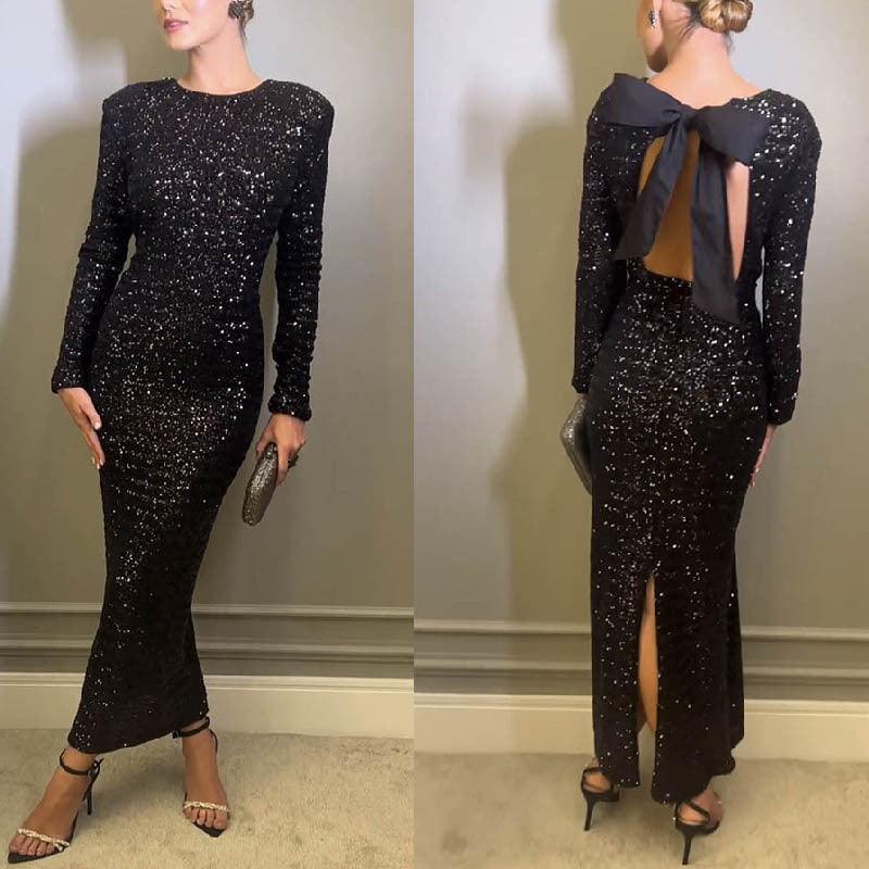 Autumn Winter Sexy Backless Sequined Evening Dress - WOMONA.COM