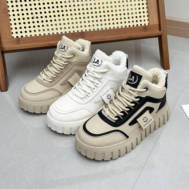Women’s high-top fleece-lined board shoes, plush khaki and white with black accents