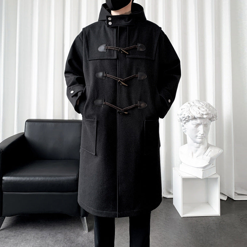 Men's wool duffle coat with hood, black toggle closure, and front flap pockets.