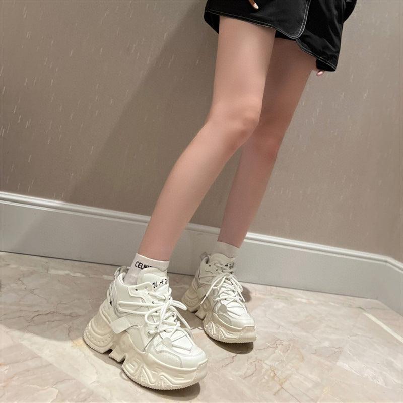 Women's light beige lace-up chunky sports sneakers with thick tread sole