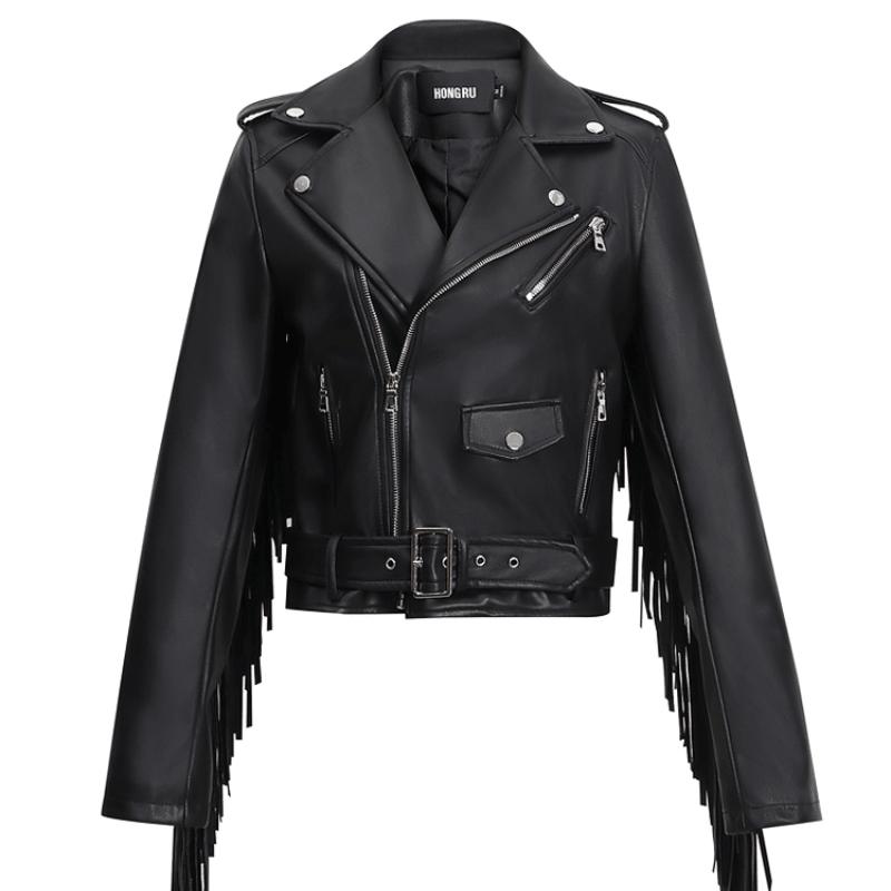 New Women's Tassel Short Slim Leather Jacket - WOMONA.COM