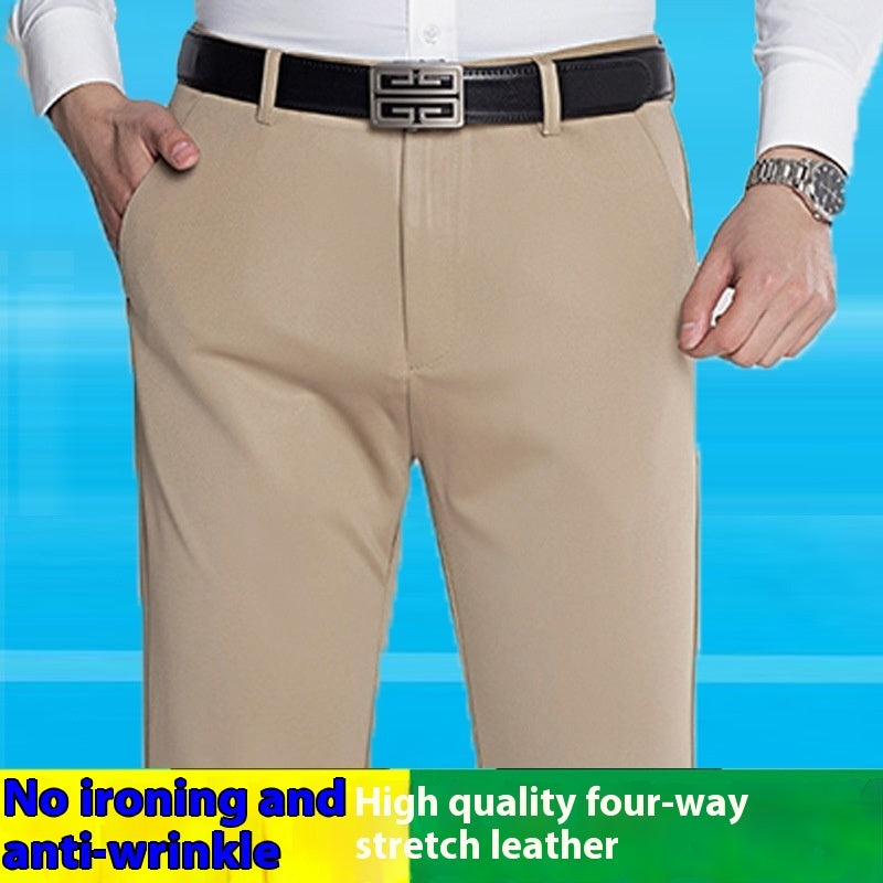 Men's khaki stretch knit casual pants with belt and square metal buckle