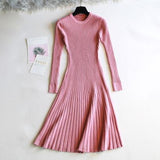 Round Neck Knitted Long Sleeve A- Line Dress Winter Warm Skirt - WOMONA.COM