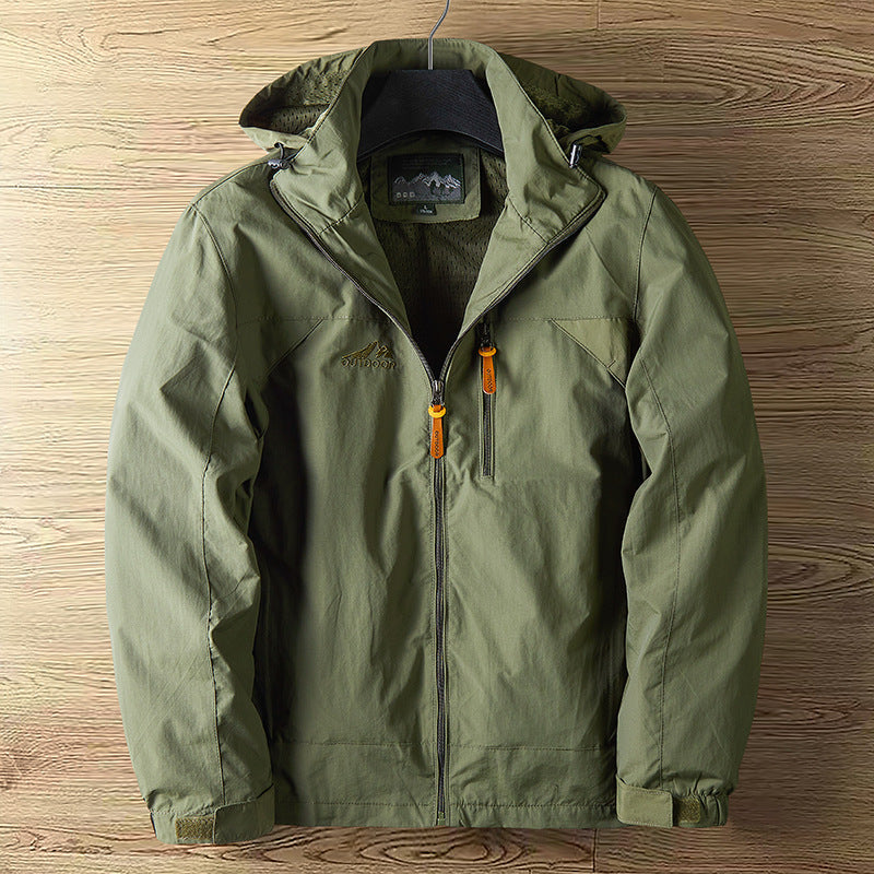 Windproof outdoor jacket in army green with full zip and hood.