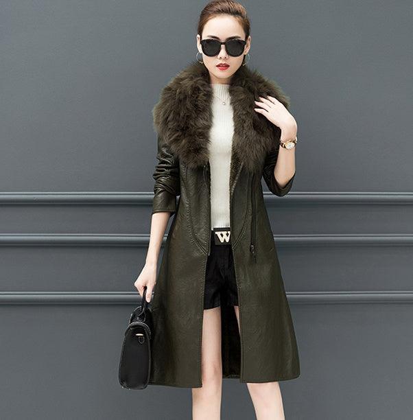 Dark olive faux-leather fur-collar midi coat with open front and sash waist
