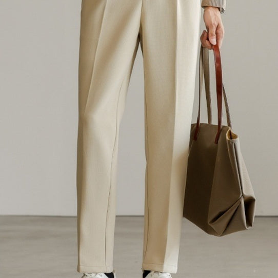 Men's suit pants in light apricot, straight leg, button waistband, belt loops