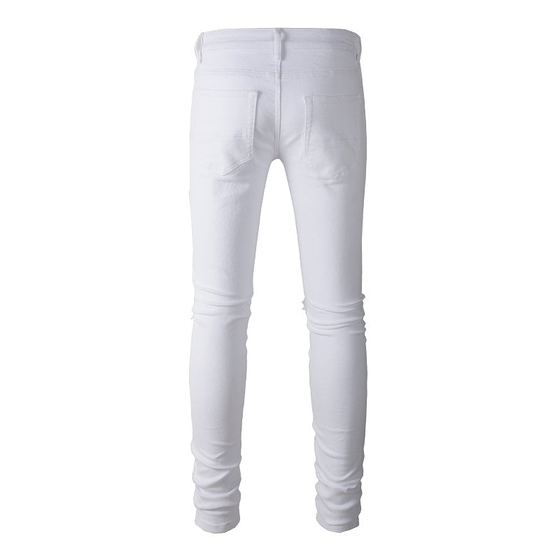 White Patch With Holes In Elastic Small Leg Jeans For Men - WOMONA.COM