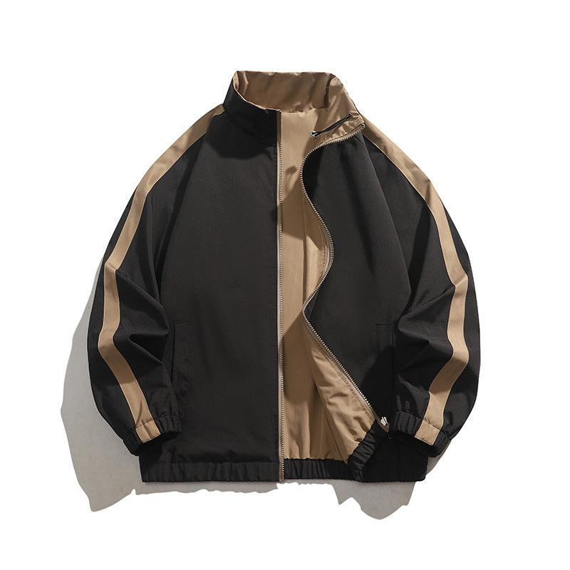 Men's vintage black-and-tan color-block zip jacket with stand collar
