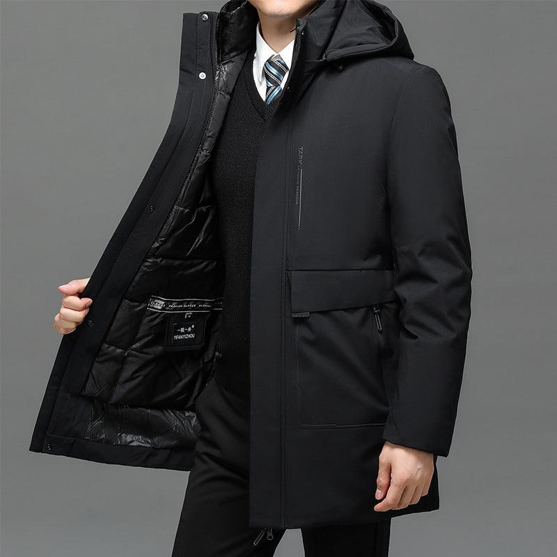Men's hooded parka with detachable quilted inner liner, open front and zipper placket