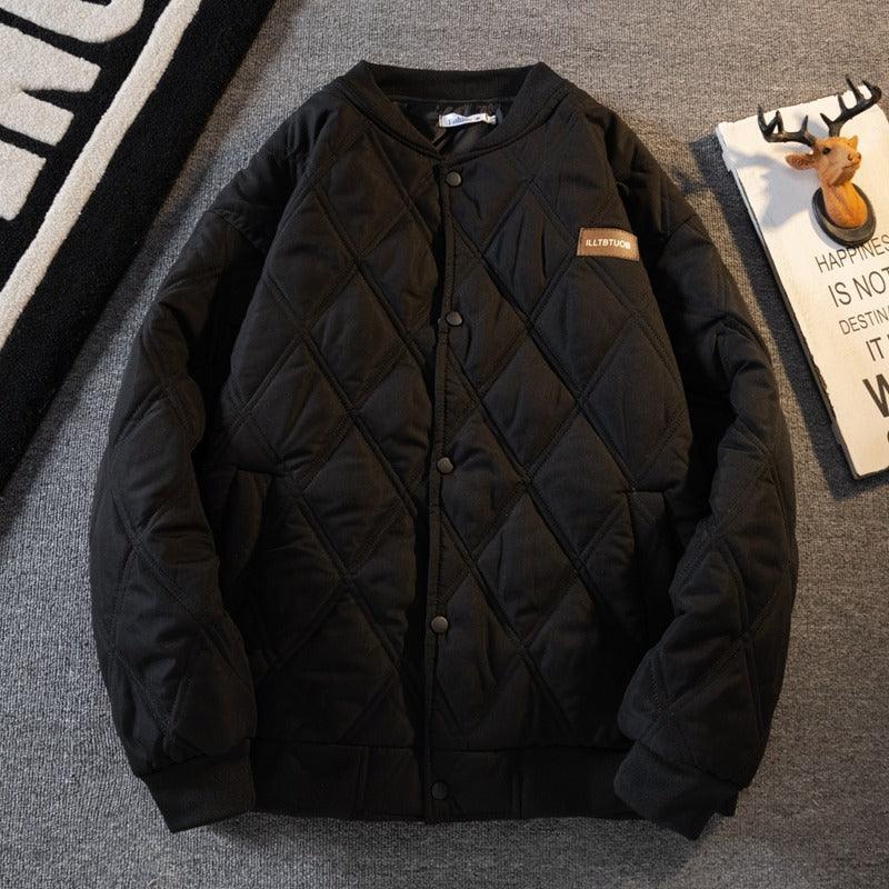 Black diamond-quilted cotton jacket with button front and stand collar