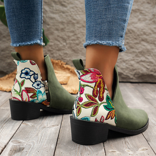 Flowers Printed Ankle Boots Fashion Side Zipper V- - WOMONA.COM