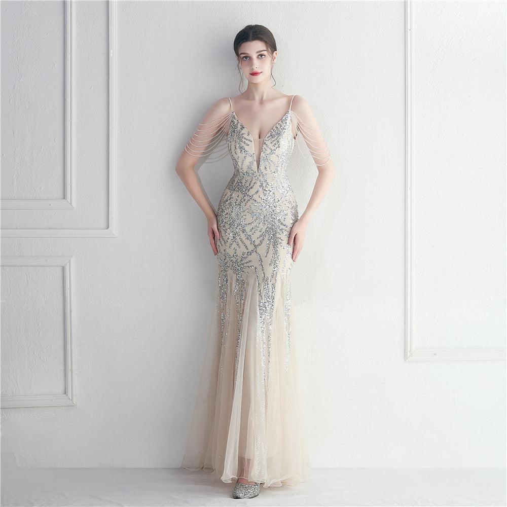 Mesh Beaded Bridal Wedding Dinner Long Camisole Evening Gown - WOMONA.COM