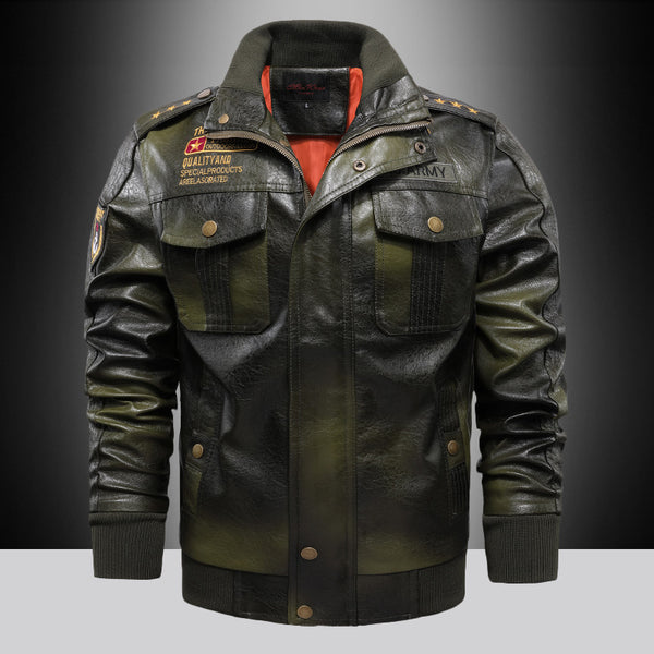 Chaqueta de cuero para hombre, cuello alto, corte ajustado, corta