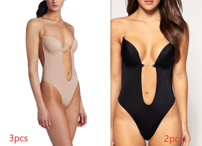 Beige and black backless body shaper bra set with underwire cups and straps