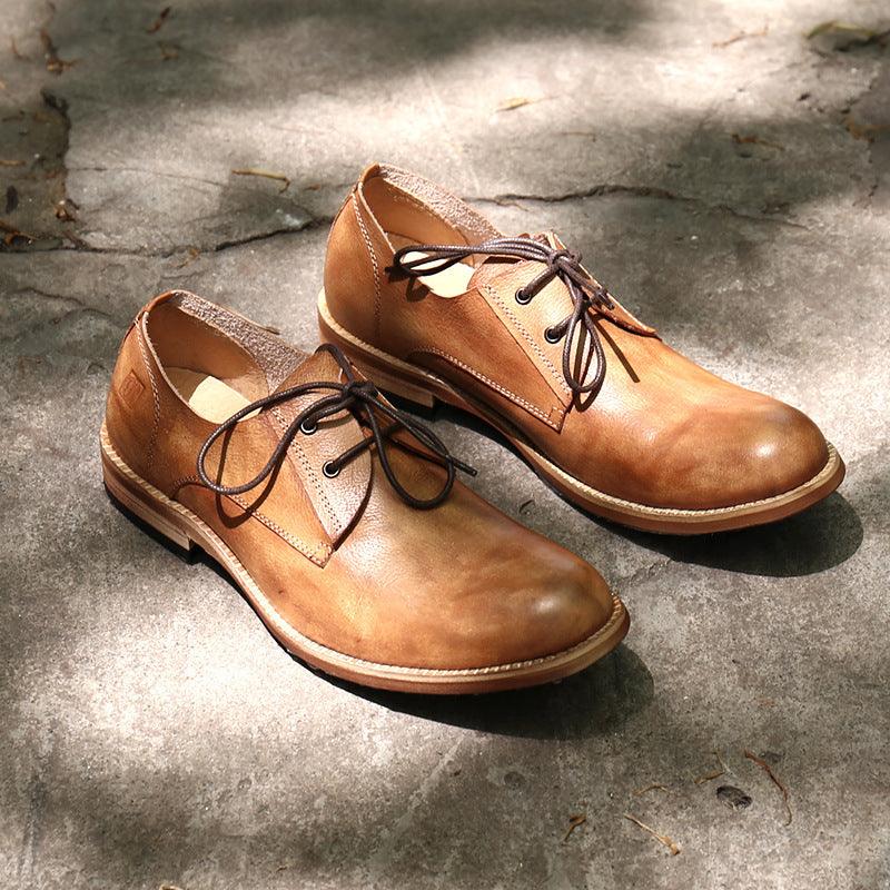 Brown distressed lace-up retro shoes with low profile and round toe